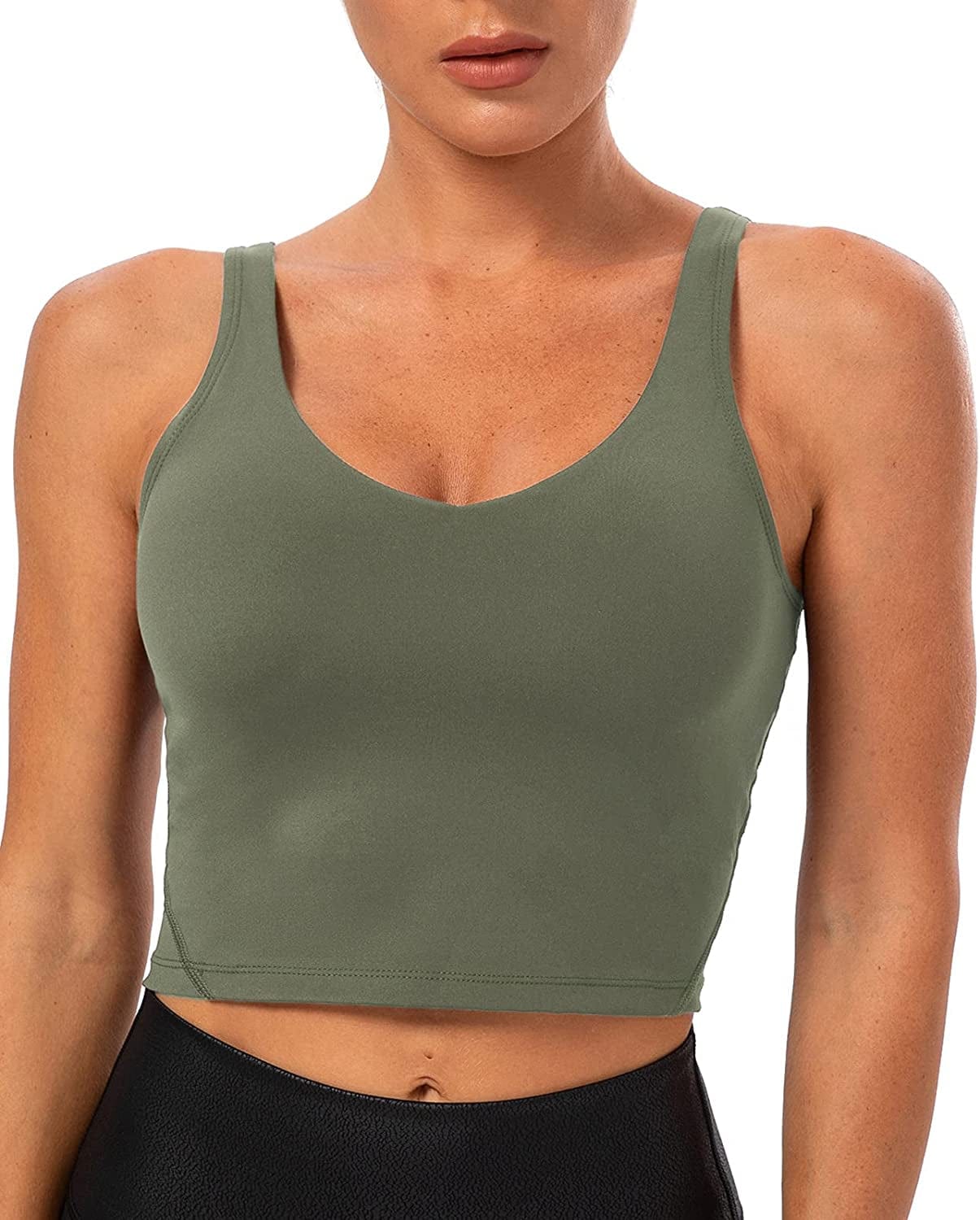 Lavento Women'S Longline Sports Bra Naked Feeling - Yoga Crop Tank Top with Built in Bra Brushed Olive Green / 10