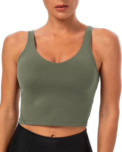 Lavento Women'S Longline Sports Bra Naked Feeling - Yoga Crop Tank Top with Built in Bra Brushed Olive Green / 10