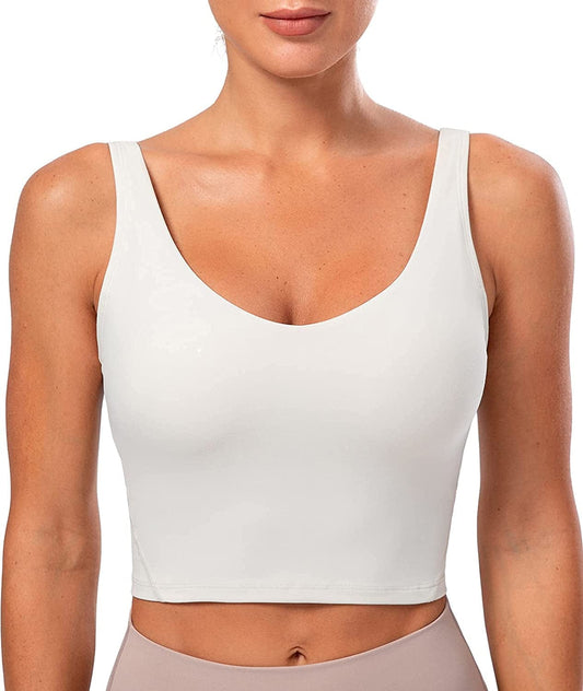 Lavento Women'S Longline Sports Bra Naked Feeling - Yoga Crop Tank Top with Built in Bra Brushed Off White / 10