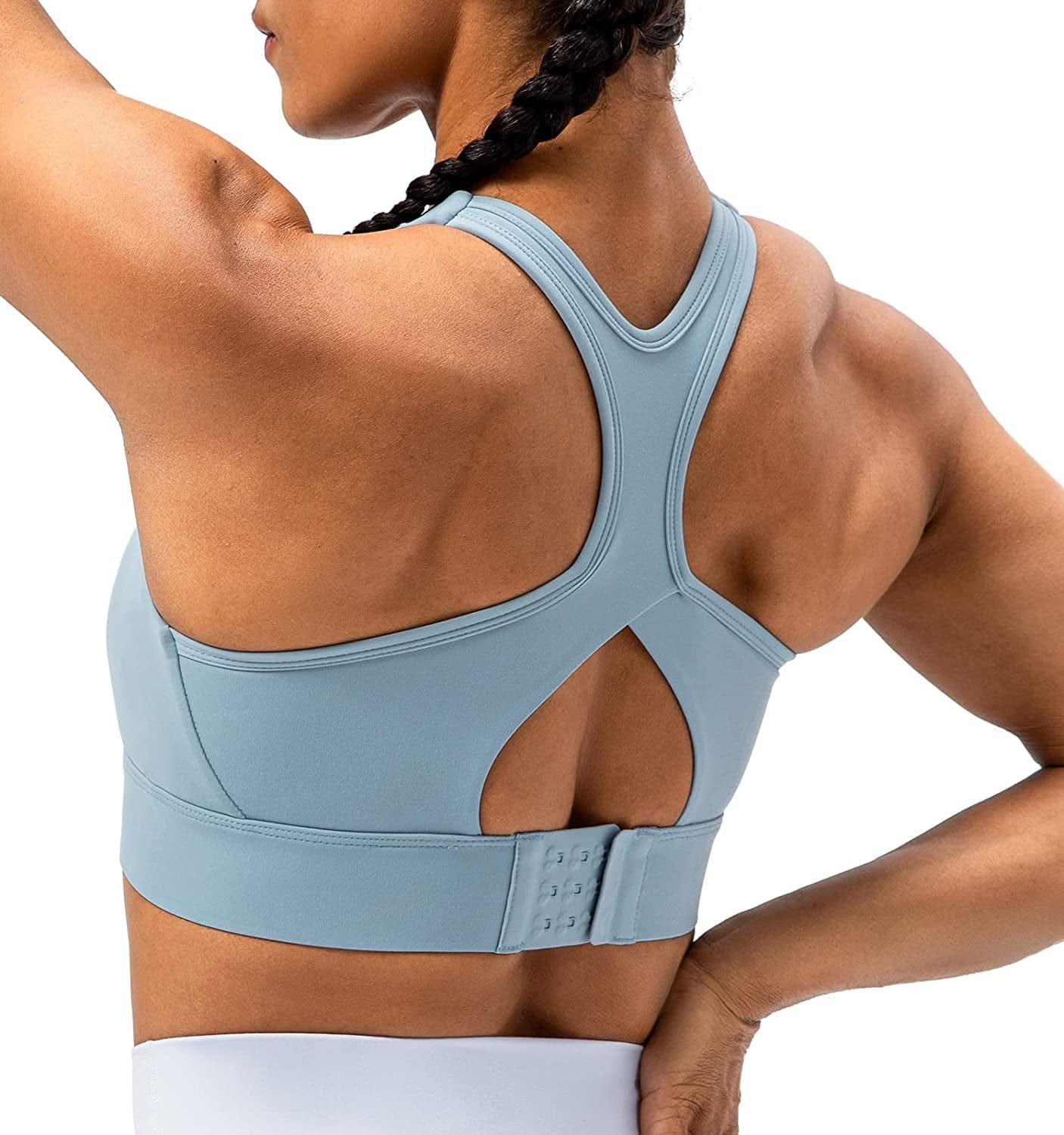 Lavento Women'S Racerback Sports Bra Hook-And-Eye Closure High Impact Running Training Bras Top Arctic Blue / 4