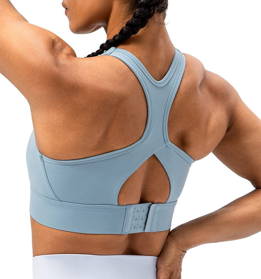 Lavento Women'S Racerback Sports Bra Hook-And-Eye Closure High Impact Running Training Bras Top Arctic Blue / 4