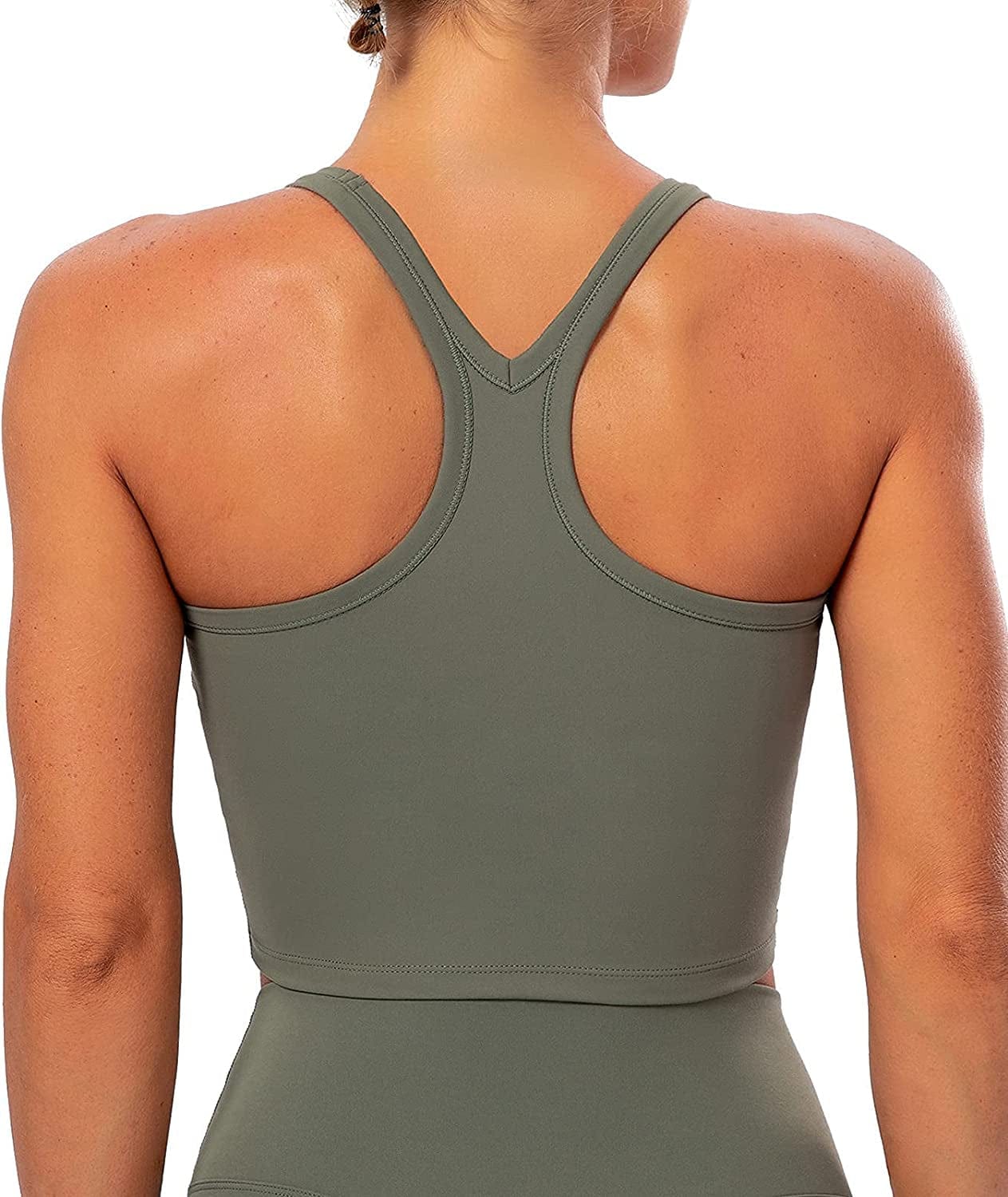 Lavento Women'S Racerback Sports Bra Yoga Crop Top with Built in Bra Silky Olive Green / 10