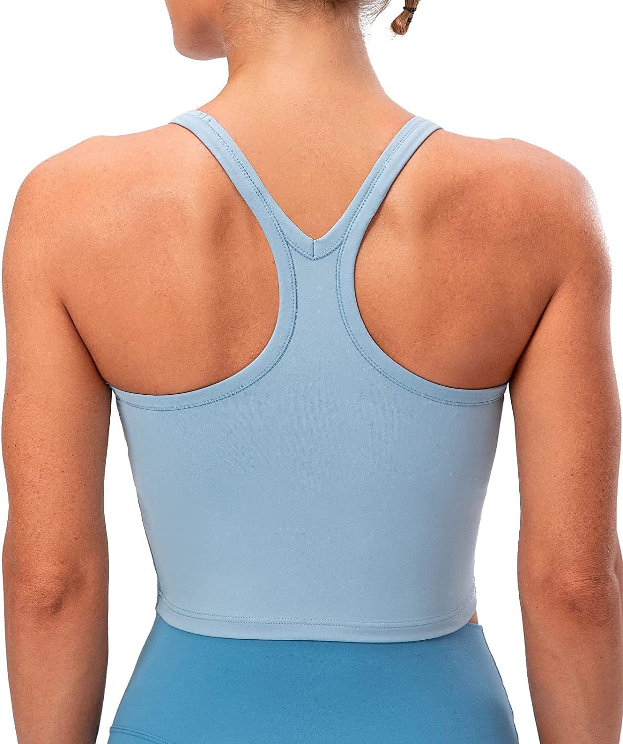 Lavento Women'S Racerback Sports Bra Yoga Crop Top with Built in Bra Silky Serenity Blue / 4