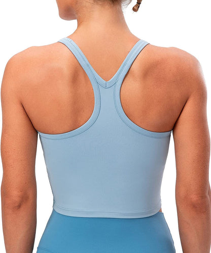 Lavento Women'S Racerback Sports Bra Yoga Crop Top with Built in Bra Silky Serenity Blue / 4