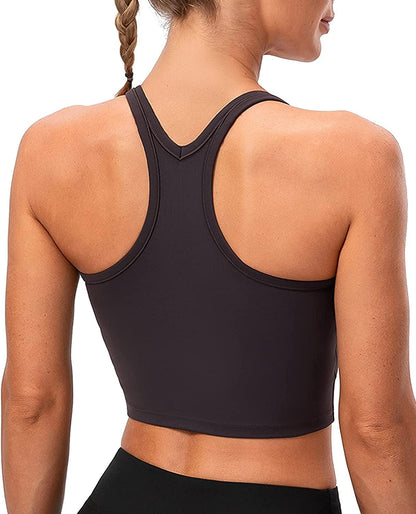 Lavento Women'S Racerback Sports Bra Yoga Crop Top with Built in Bra Brushed Charcoal Gray / 8