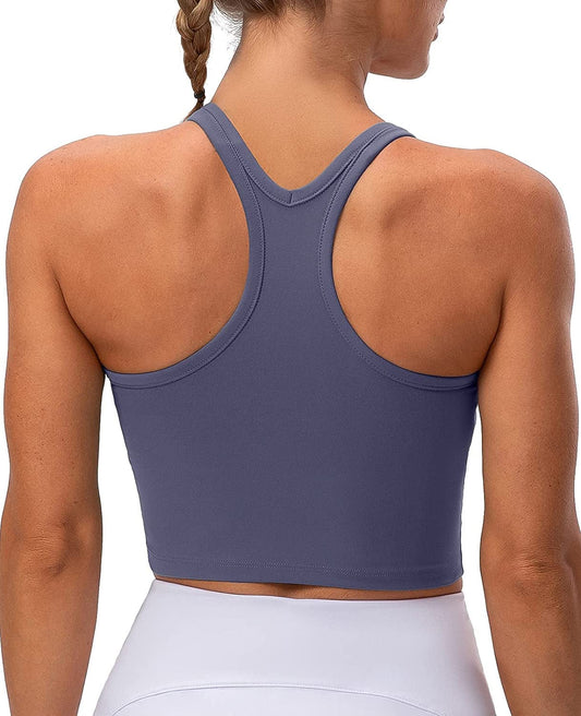 Lavento Women'S Racerback Sports Bra Yoga Crop Top with Built in Bra Brushed Purple Gray / 4
