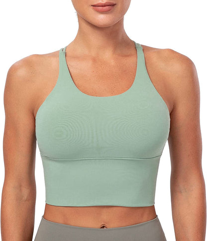 Lavento Women'S Sports Bra Medium Support Workout Yoga Longline Tops Celadon / 4