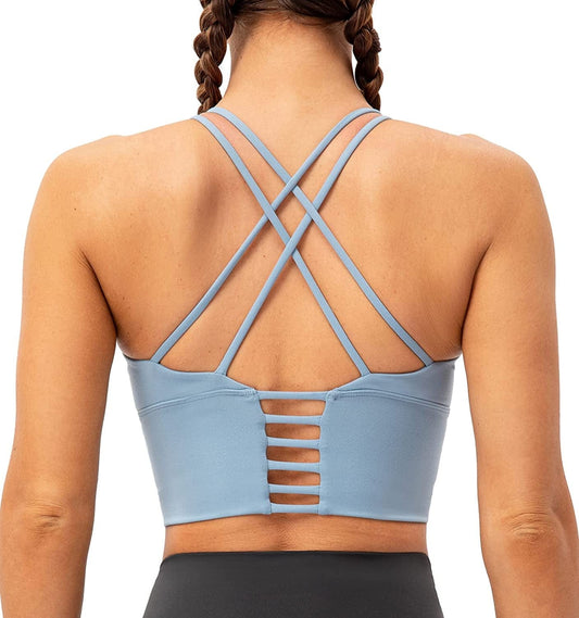 Lavento Women'S Sports Bra Medium Support Workout Yoga Longline Tops Arctic Blue / 6