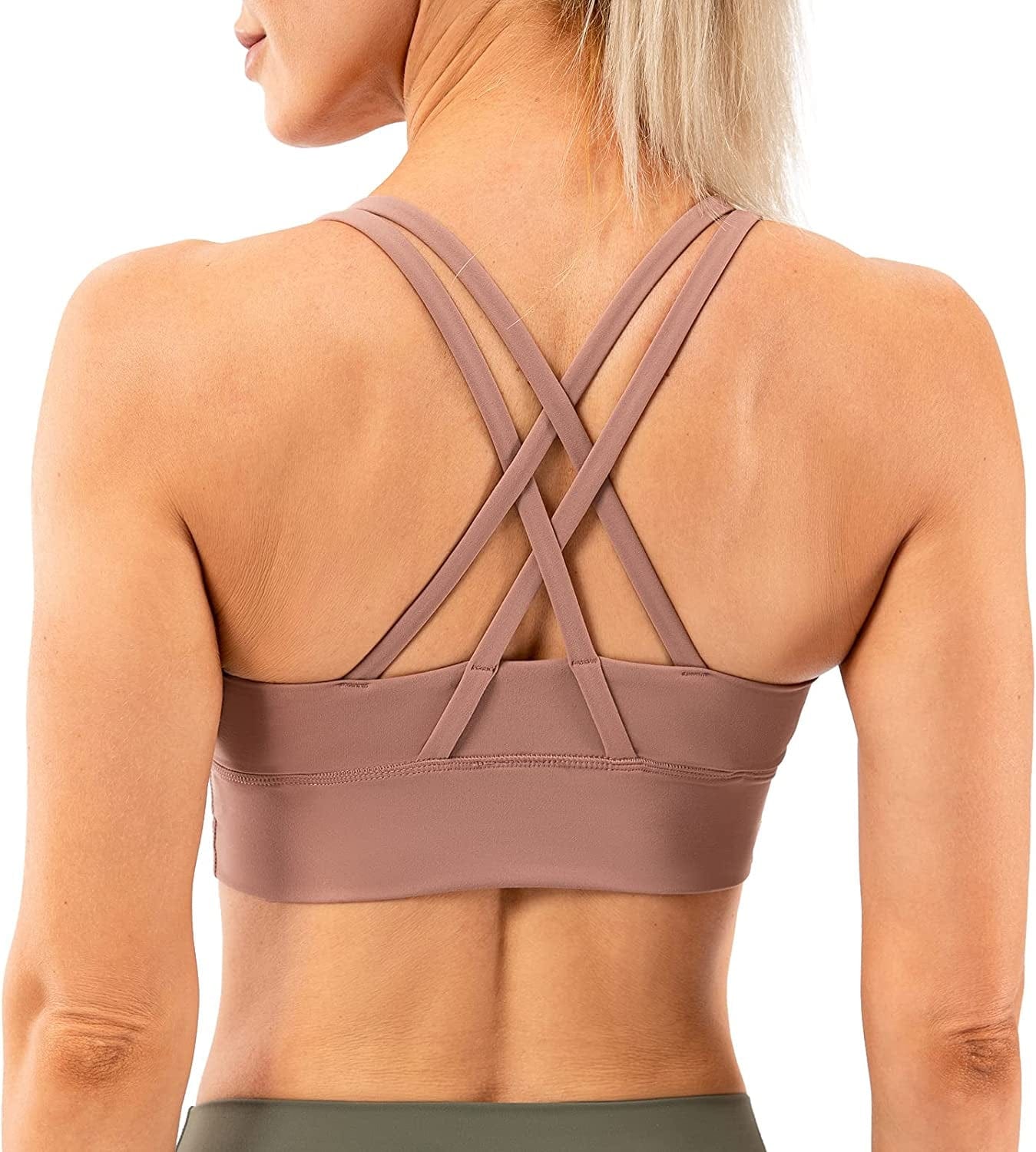 Lavento Women'S Strappy Sports Bra Medium Support Workout Training Top Rosy Brown / Large
