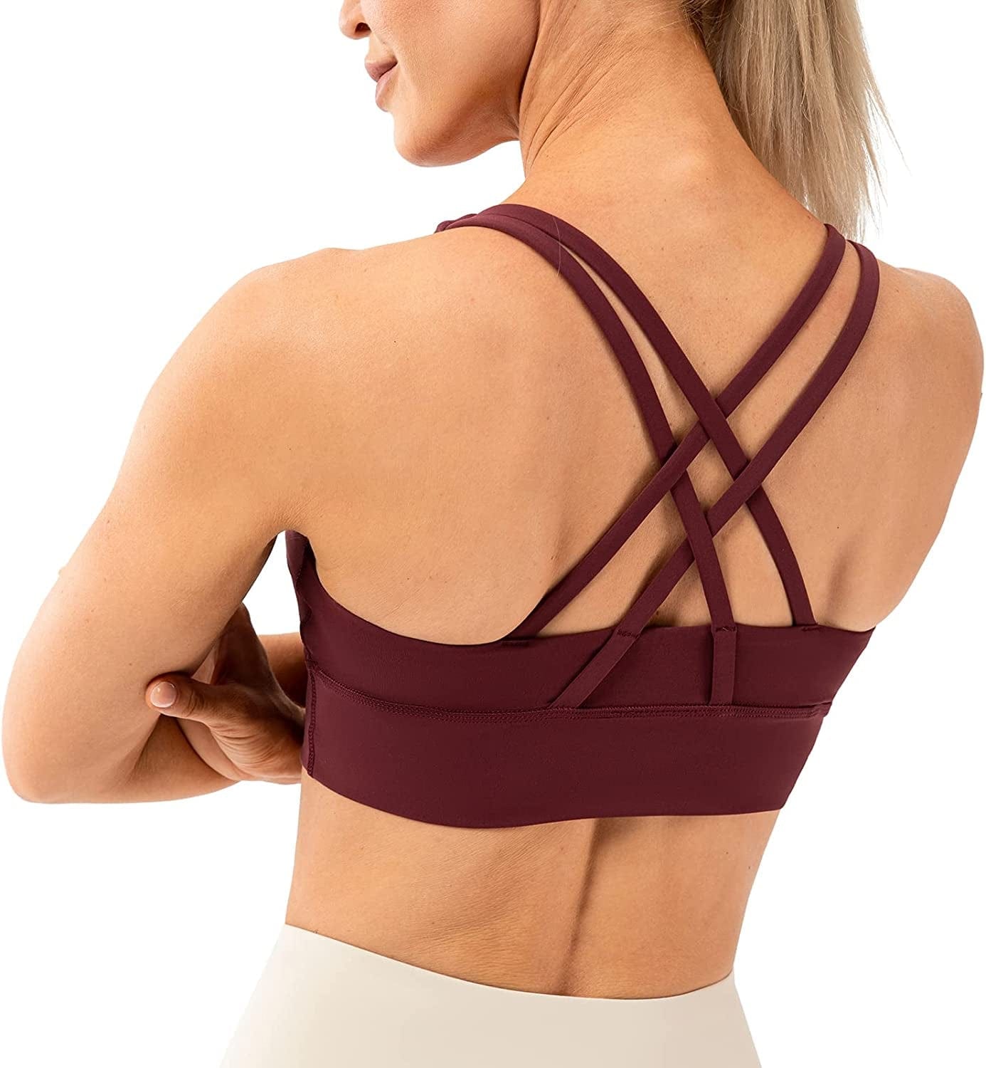 Lavento Women'S Strappy Sports Bra Medium Support Workout Training Top Dark Red / X-Small