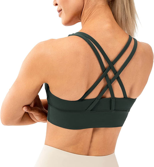Lavento Women'S Strappy Sports Bra Medium Support Workout Training Top Forest Green / Small