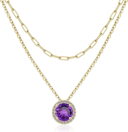 Layered Birthstone Necklace for Women Girls, Real Gold Plated Paperclip Chain Necklace for Women Classic round Pendant Birthstone Necklace Gold Necklace Birthday Gifts for Women Teen Girl Gifts 02 Feb - Amethyst