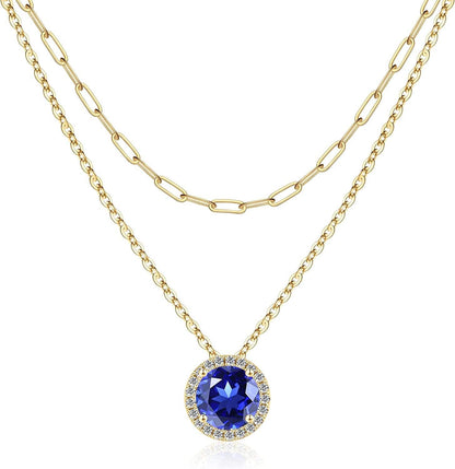 Layered Birthstone Necklace for Women Girls, Real Gold Plated Paperclip Chain Necklace for Women Classic round Pendant Birthstone Necklace Gold Necklace Birthday Gifts for Women Teen Girl Gifts 09 Sep - Sapphire