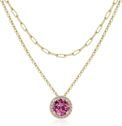 Layered Birthstone Necklace for Women Girls, Real Gold Plated Paperclip Chain Necklace for Women Classic round Pendant Birthstone Necklace Gold Necklace Birthday Gifts for Women Teen Girl Gifts 10 Oct - Pink Sapphire