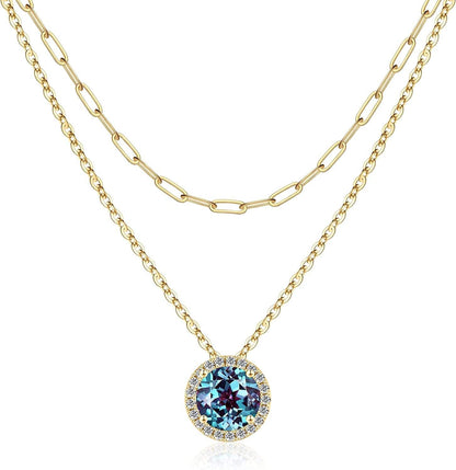 Layered Birthstone Necklace for Women Girls, Real Gold Plated Paperclip Chain Necklace for Women Classic round Pendant Birthstone Necklace Gold Necklace Birthday Gifts for Women Teen Girl Gifts 06 Jun - Alexandrite