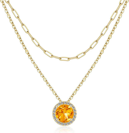 Layered Birthstone Necklace for Women Girls, Real Gold Plated Paperclip Chain Necklace for Women Classic round Pendant Birthstone Necklace Gold Necklace Birthday Gifts for Women Teen Girl Gifts 12 Nov - Citrine