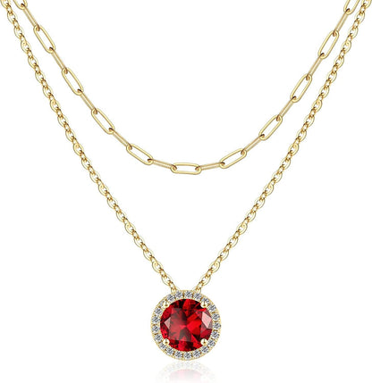 Layered Birthstone Necklace for Women Girls, Real Gold Plated Paperclip Chain Necklace for Women Classic round Pendant Birthstone Necklace Gold Necklace Birthday Gifts for Women Teen Girl Gifts 01 Jan - Garnet