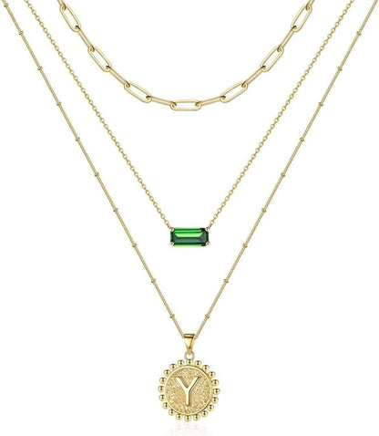 Layered Gold Necklace for Women,14K Gold Plated Necklace Initial Letter Necklace Green Crystal Necklace Gold Necklaces Set Layering Paperclip Chain Gold Layered Necklaces for Women Girls Jewelry Gifts Y