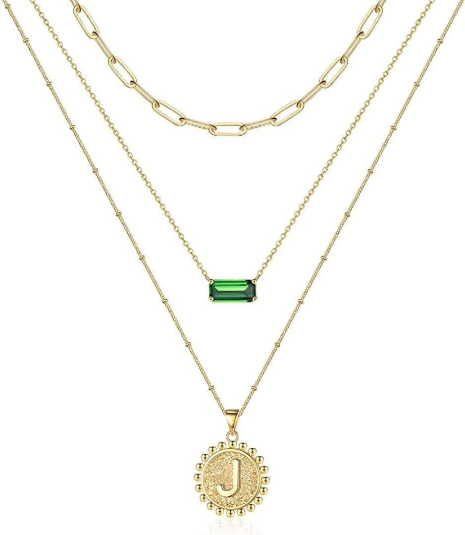 Layered Gold Necklace for Women,14K Gold Plated Necklace Initial Letter Necklace Green Crystal Necklace Gold Necklaces Set Layering Paperclip Chain Gold Layered Necklaces for Women Girls Jewelry Gifts J