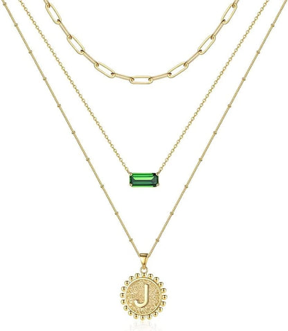 Layered Gold Necklace for Women,14K Gold Plated Necklace Initial Letter Necklace Green Crystal Necklace Gold Necklaces Set Layering Paperclip Chain Gold Layered Necklaces for Women Girls Jewelry Gifts J