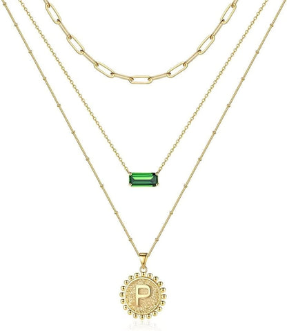 Layered Gold Necklace for Women,14K Gold Plated Necklace Initial Letter Necklace Green Crystal Necklace Gold Necklaces Set Layering Paperclip Chain Gold Layered Necklaces for Women Girls Jewelry Gifts P