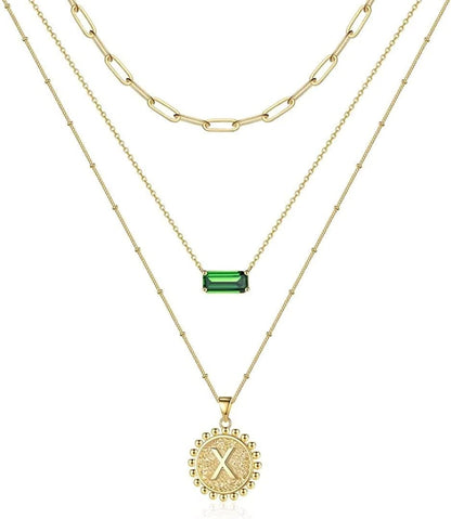Layered Gold Necklace for Women,14K Gold Plated Necklace Initial Letter Necklace Green Crystal Necklace Gold Necklaces Set Layering Paperclip Chain Gold Layered Necklaces for Women Girls Jewelry Gifts X