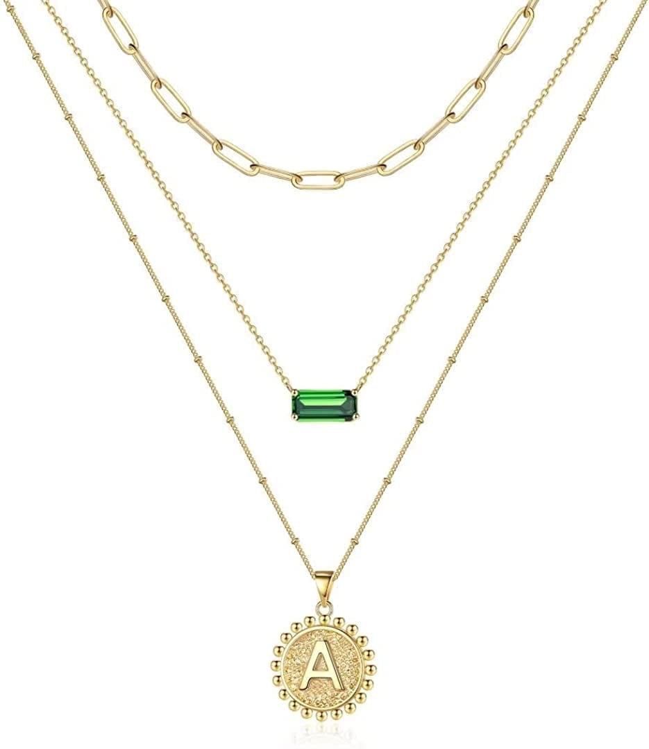 Layered Gold Necklace for Women,14K Gold Plated Necklace Initial Letter Necklace Green Crystal Necklace Gold Necklaces Set Layering Paperclip Chain Gold Layered Necklaces for Women Girls Jewelry Gifts A