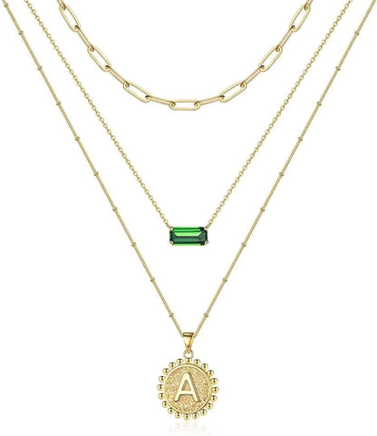Layered Gold Necklace for Women,14K Gold Plated Necklace Initial Letter Necklace Green Crystal Necklace Gold Necklaces Set Layering Paperclip Chain Gold Layered Necklaces for Women Girls Jewelry Gifts A