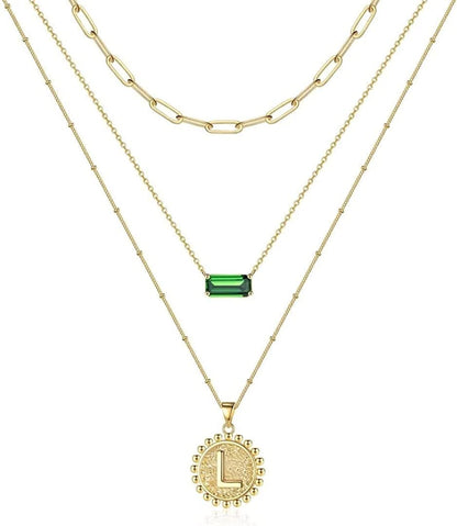 Layered Gold Necklace for Women,14K Gold Plated Necklace Initial Letter Necklace Green Crystal Necklace Gold Necklaces Set Layering Paperclip Chain Gold Layered Necklaces for Women Girls Jewelry Gifts L