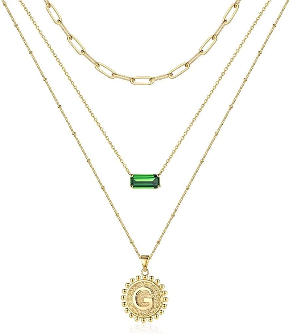 Layered Gold Necklace for Women,14K Gold Plated Necklace Initial Letter Necklace Green Crystal Necklace Gold Necklaces Set Layering Paperclip Chain Gold Layered Necklaces for Women Girls Jewelry Gifts G