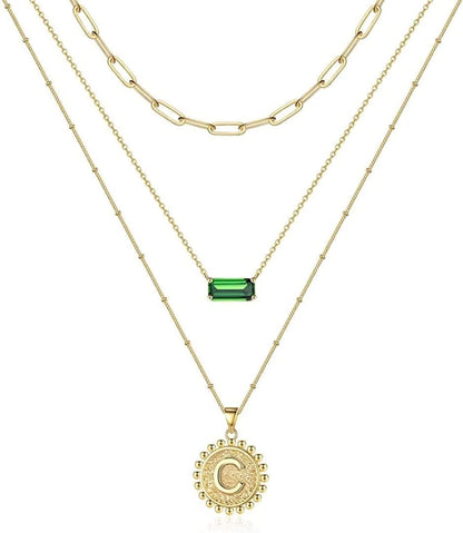 Layered Gold Necklace for Women,14K Gold Plated Necklace Initial Letter Necklace Green Crystal Necklace Gold Necklaces Set Layering Paperclip Chain Gold Layered Necklaces for Women Girls Jewelry Gifts C