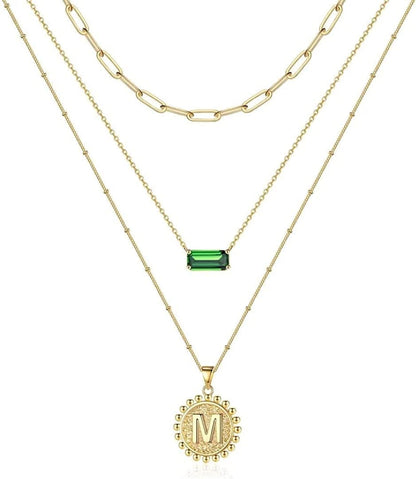 Layered Gold Necklace for Women,14K Gold Plated Necklace Initial Letter Necklace Green Crystal Necklace Gold Necklaces Set Layering Paperclip Chain Gold Layered Necklaces for Women Girls Jewelry Gifts M