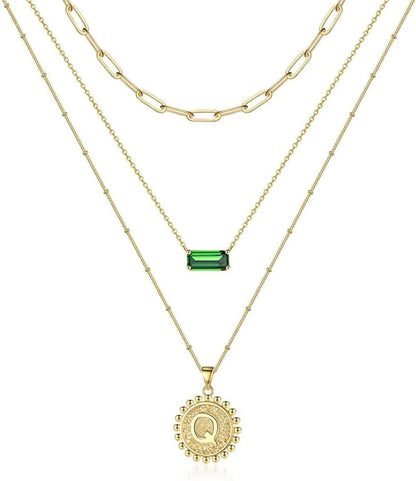 Layered Gold Necklace for Women,14K Gold Plated Necklace Initial Letter Necklace Green Crystal Necklace Gold Necklaces Set Layering Paperclip Chain Gold Layered Necklaces for Women Girls Jewelry Gifts Q