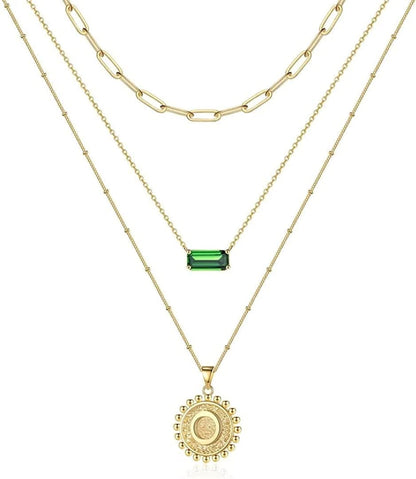 Layered Gold Necklace for Women,14K Gold Plated Necklace Initial Letter Necklace Green Crystal Necklace Gold Necklaces Set Layering Paperclip Chain Gold Layered Necklaces for Women Girls Jewelry Gifts O