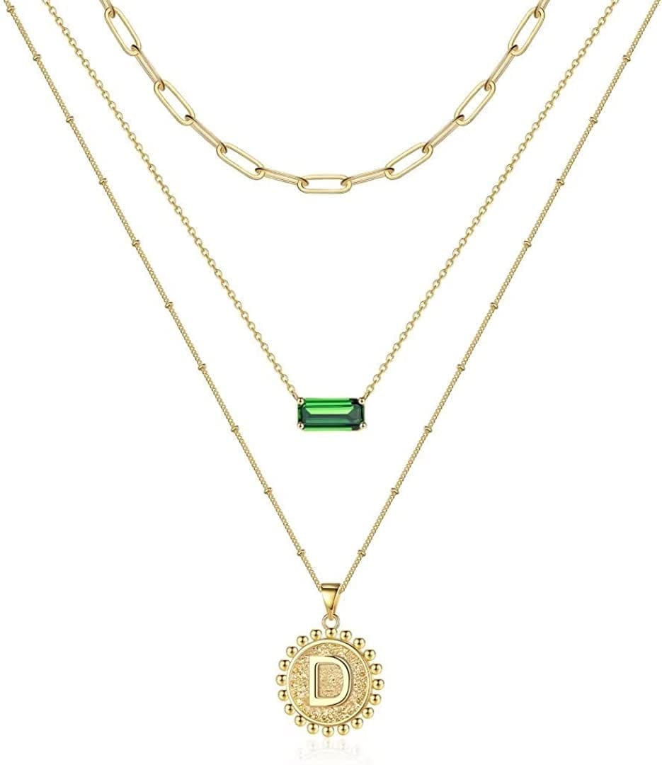 Layered Gold Necklace for Women,14K Gold Plated Necklace Initial Letter Necklace Green Crystal Necklace Gold Necklaces Set Layering Paperclip Chain Gold Layered Necklaces for Women Girls Jewelry Gifts D