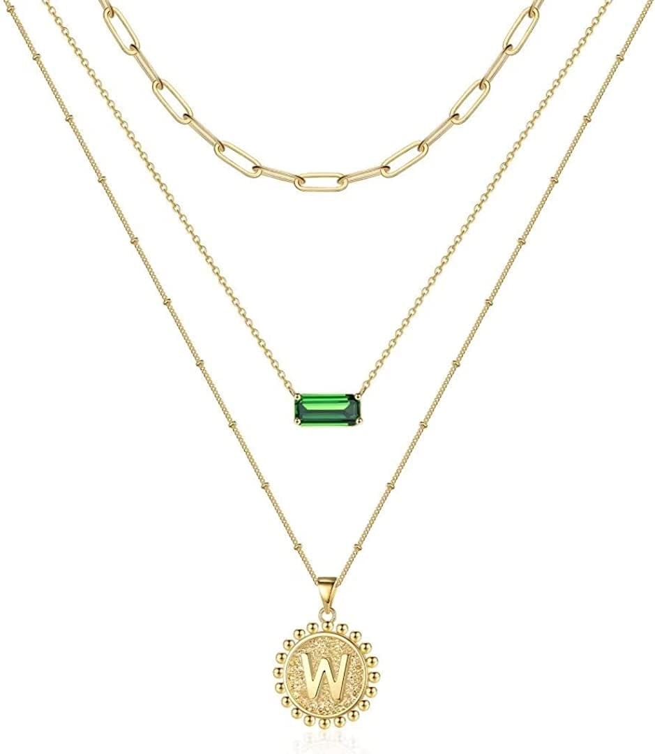Layered Gold Necklace for Women,14K Gold Plated Necklace Initial Letter Necklace Green Crystal Necklace Gold Necklaces Set Layering Paperclip Chain Gold Layered Necklaces for Women Girls Jewelry Gifts W