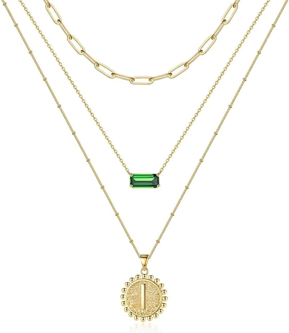 Layered Gold Necklace for Women,14K Gold Plated Necklace Initial Letter Necklace Green Crystal Necklace Gold Necklaces Set Layering Paperclip Chain Gold Layered Necklaces for Women Girls Jewelry Gifts I