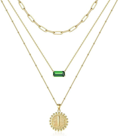 Layered Gold Necklace for Women,14K Gold Plated Necklace Initial Letter Necklace Green Crystal Necklace Gold Necklaces Set Layering Paperclip Chain Gold Layered Necklaces for Women Girls Jewelry Gifts I