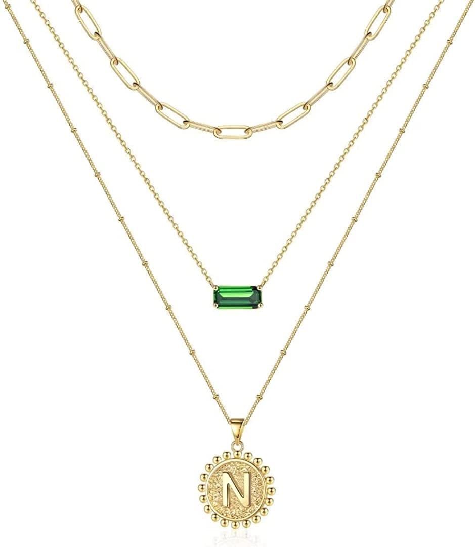 Layered Gold Necklace for Women,14K Gold Plated Necklace Initial Letter Necklace Green Crystal Necklace Gold Necklaces Set Layering Paperclip Chain Gold Layered Necklaces for Women Girls Jewelry Gifts N