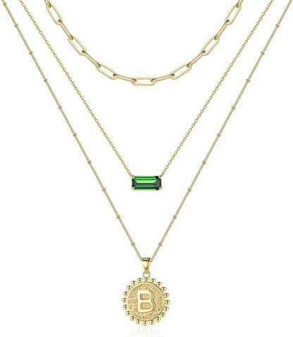 Layered Gold Necklace for Women,14K Gold Plated Necklace Initial Letter Necklace Green Crystal Necklace Gold Necklaces Set Layering Paperclip Chain Gold Layered Necklaces for Women Girls Jewelry Gifts B
