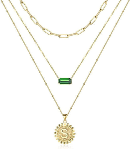Layered Gold Necklace for Women,14K Gold Plated Necklace Initial Letter Necklace Green Crystal Necklace Gold Necklaces Set Layering Paperclip Chain Gold Layered Necklaces for Women Girls Jewelry Gifts S