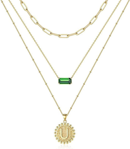Layered Gold Necklace for Women,14K Gold Plated Necklace Initial Letter Necklace Green Crystal Necklace Gold Necklaces Set Layering Paperclip Chain Gold Layered Necklaces for Women Girls Jewelry Gifts U
