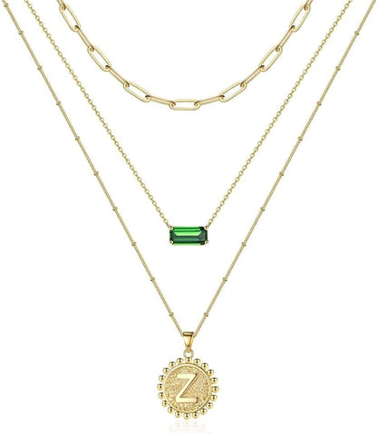 Layered Gold Necklace for Women,14K Gold Plated Necklace Initial Letter Necklace Green Crystal Necklace Gold Necklaces Set Layering Paperclip Chain Gold Layered Necklaces for Women Girls Jewelry Gifts Z