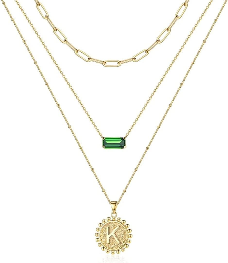 Layered Gold Necklace for Women,14K Gold Plated Necklace Initial Letter Necklace Green Crystal Necklace Gold Necklaces Set Layering Paperclip Chain Gold Layered Necklaces for Women Girls Jewelry Gifts K