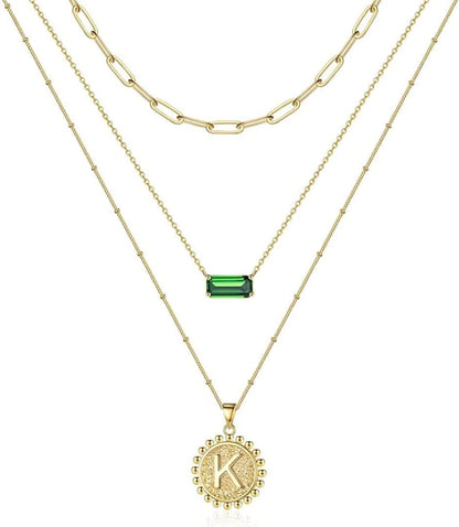 Layered Gold Necklace for Women,14K Gold Plated Necklace Initial Letter Necklace Green Crystal Necklace Gold Necklaces Set Layering Paperclip Chain Gold Layered Necklaces for Women Girls Jewelry Gifts K