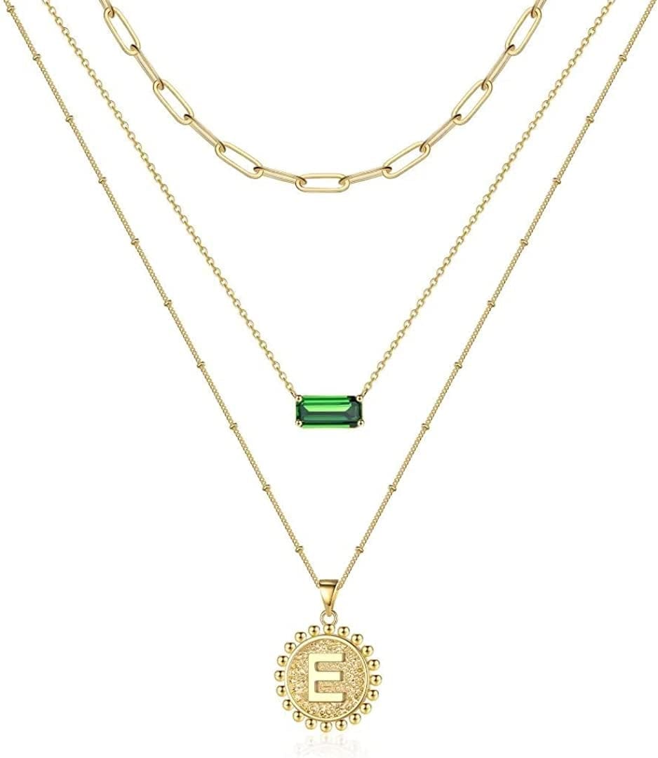 Layered Gold Necklace for Women,14K Gold Plated Necklace Initial Letter Necklace Green Crystal Necklace Gold Necklaces Set Layering Paperclip Chain Gold Layered Necklaces for Women Girls Jewelry Gifts E