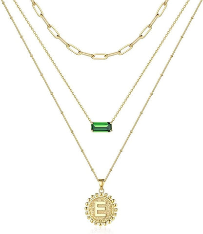 Layered Gold Necklace for Women,14K Gold Plated Necklace Initial Letter Necklace Green Crystal Necklace Gold Necklaces Set Layering Paperclip Chain Gold Layered Necklaces for Women Girls Jewelry Gifts E