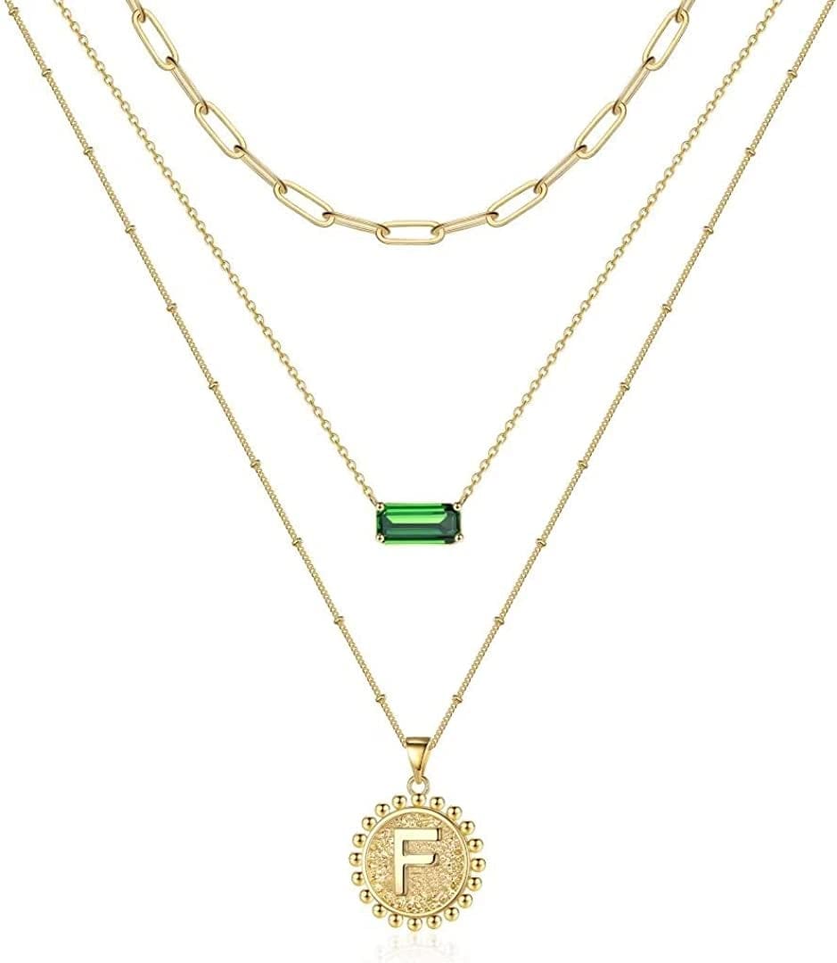 Layered Gold Necklace for Women,14K Gold Plated Necklace Initial Letter Necklace Green Crystal Necklace Gold Necklaces Set Layering Paperclip Chain Gold Layered Necklaces for Women Girls Jewelry Gifts F