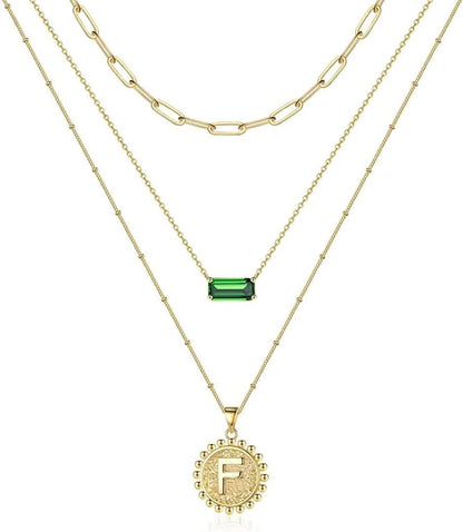 Layered Gold Necklace for Women,14K Gold Plated Necklace Initial Letter Necklace Green Crystal Necklace Gold Necklaces Set Layering Paperclip Chain Gold Layered Necklaces for Women Girls Jewelry Gifts F