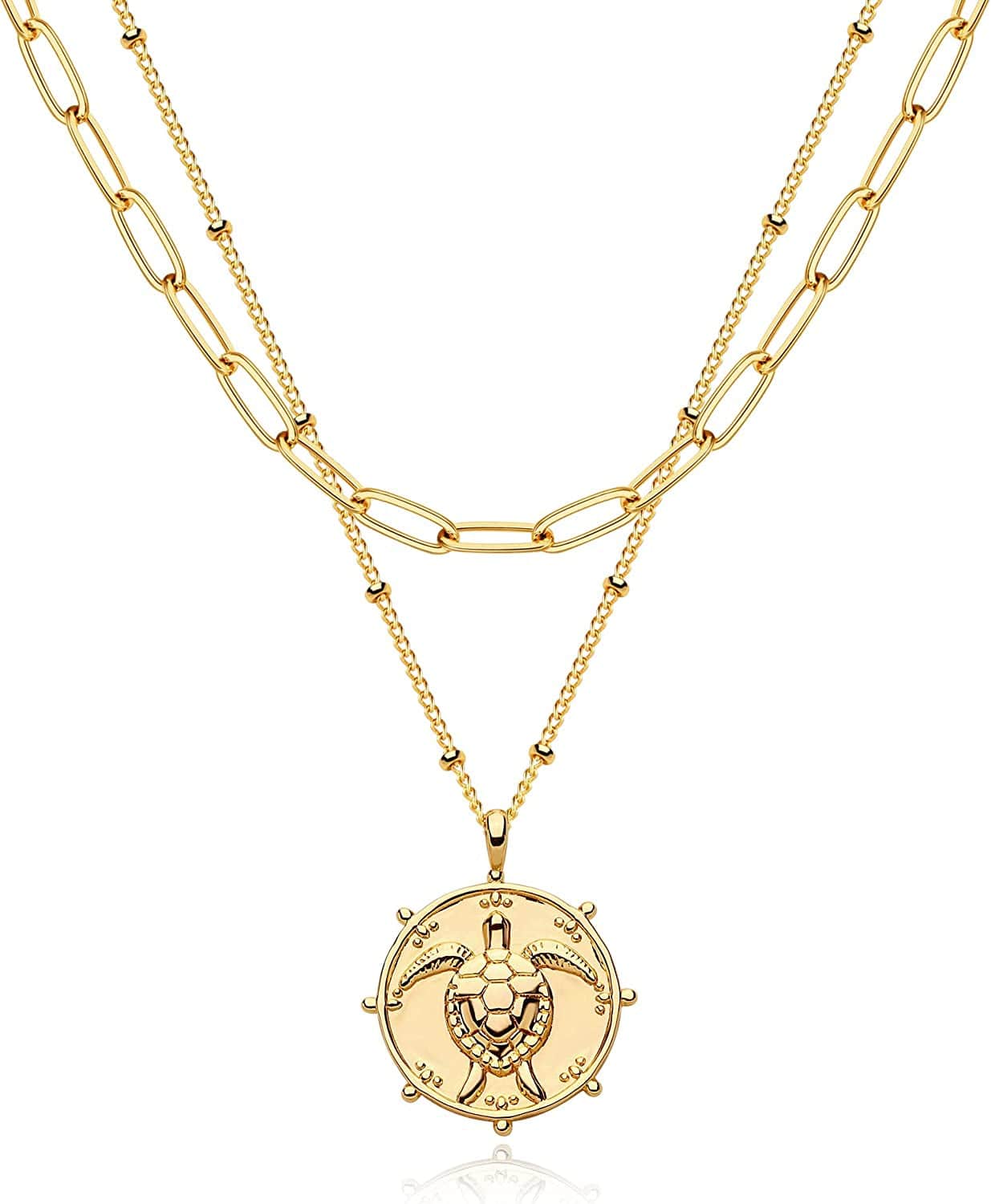 Layered Heart Necklace Pendant Handmade 18K Gold Plated Dainty Gold Choker Arrow Bar Layering Long Necklace for Women Layer Turtle